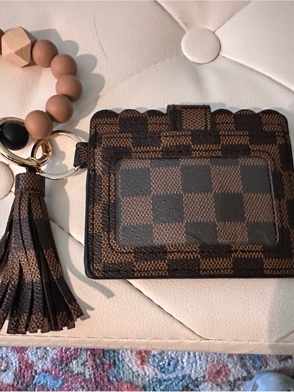 Brown Checkered Card Holder with Tassel Keyring